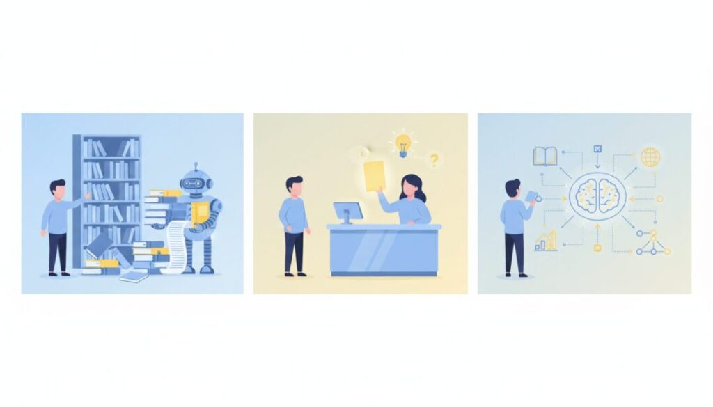 Ilustrasi konsep SEO, AEO, dan GEO. SEO sebagai tumpukan hasil, AEO sebagai satu jawaban instan, dan GEO sebagai ringkasan cerdas yang dibuat oleh AI.