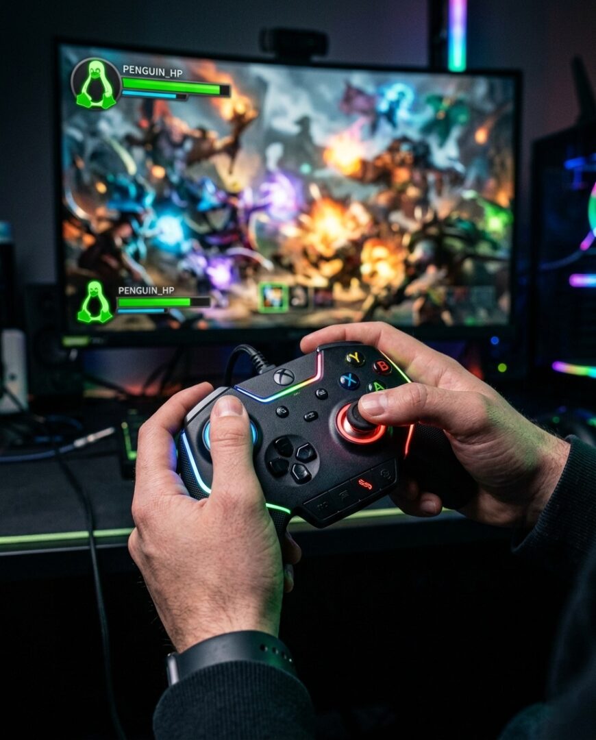 Seorang gamer menggunakan kontroler RGB saat bermain game di CachyOS, sistem operasi Linux untuk gaming terbaik.