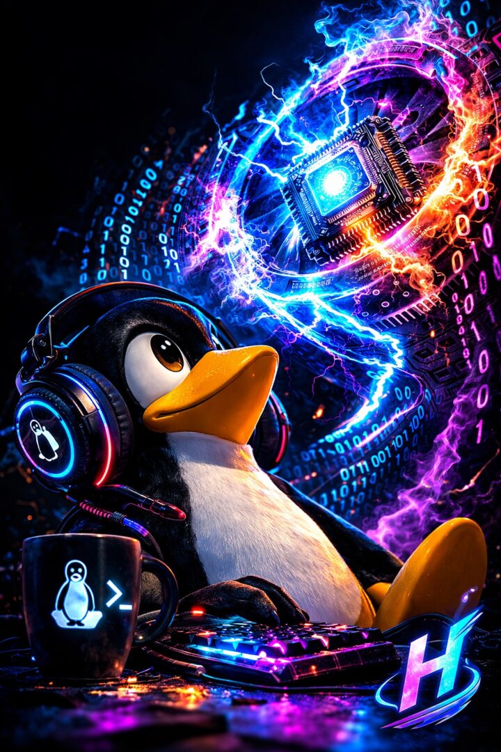 Maskot penguin cyberpunk dengan latar neon sebagai ilustrasi CachyOS, pilihan Linux untuk gaming terbaik.