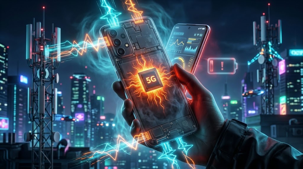 Ilustrasi futuristik komponen internal smartphone yang panas karena fenomena sinyal 5G boros baterai.